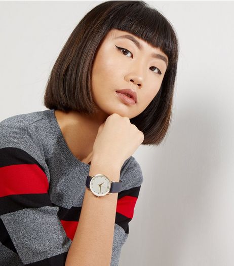 Navy Leather-Look Watch | New Look