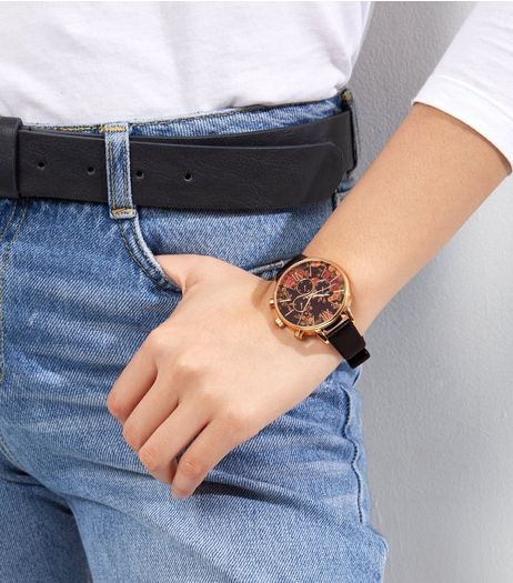 Black Floral Print Watch | New Look