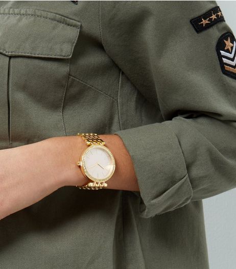 Gold Diamanté Dial Contrast Face Sports Watch | New Look