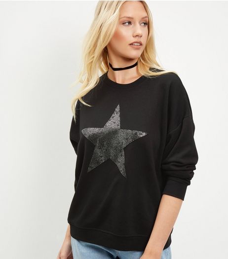 Black Glitter Star Sweater | New Look