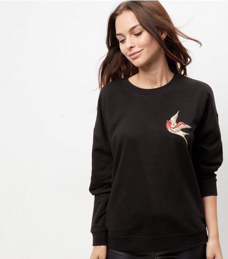 Black Bird Print Badge Sweater | New Look