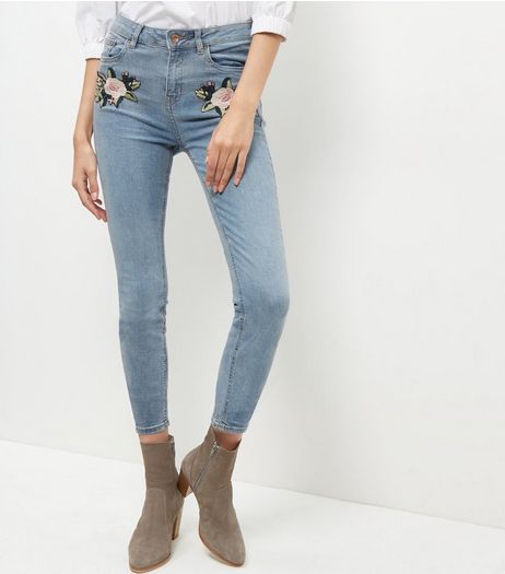 Pale Blue Flower Embroidered Skinny Jeans | New Look
