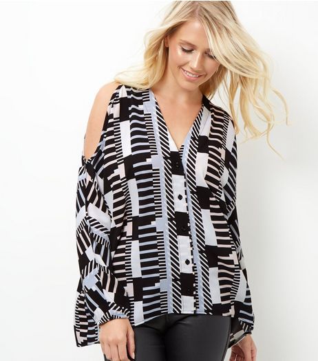 Black Abstract Print Cold Shoulder Shirt | New Look