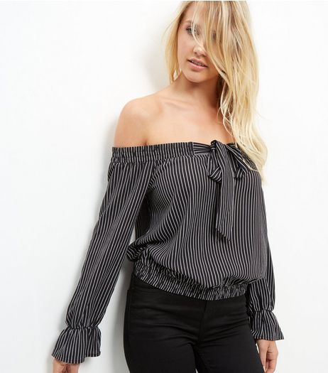 Black Stripe Bow Front Bardot Neck Top | New Look