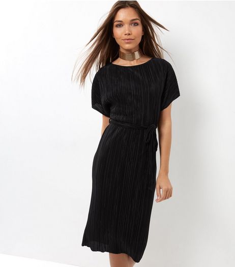 Black Pleated Tie Waist Midi Dress | New Look