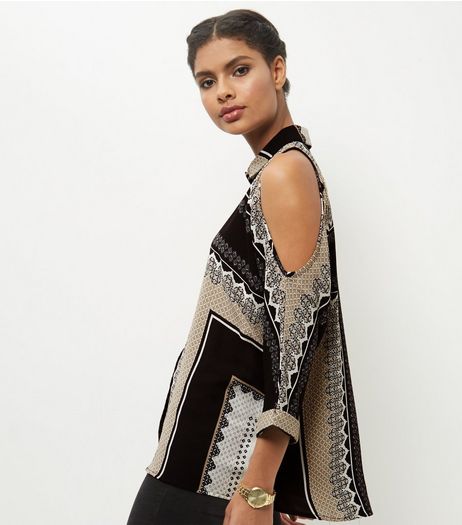 Black Abstract Print Cold Shoulder Shirt | New Look