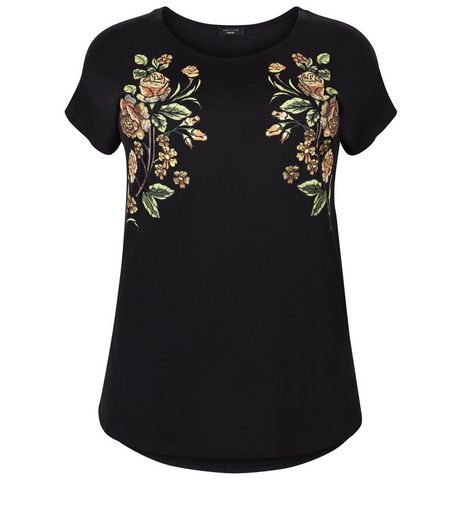Curves Black Floral Embroidered T-Shirt | New Look
