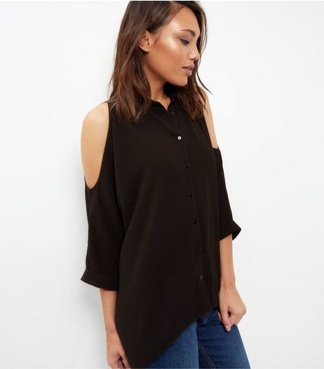 Black Textured Cold Shoulder Roll Sleeve Shirt | New Look
