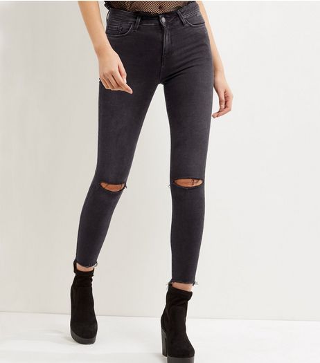 Black Ripped Knee Fray Hem Shaper Skinny Jeans | New Look