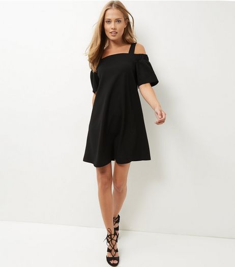Black Scuba Cold Shoulder Swing Dress | New Look