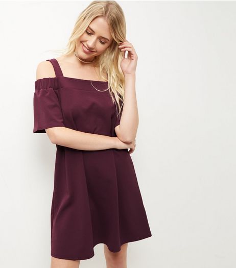 Burgundy Scuba Cold Shoulder Swing Dress | New Look