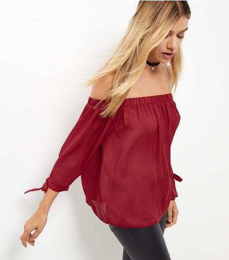 Cameo Rose Burgundy Tie Sleeve Bardot Neck Top | New Look