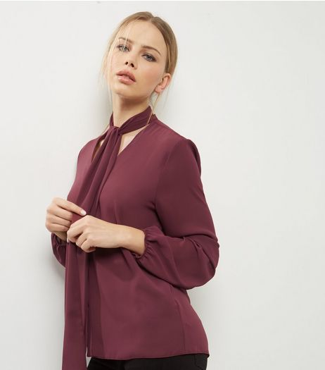 Burgundy Pussybow Shirt | New Look
