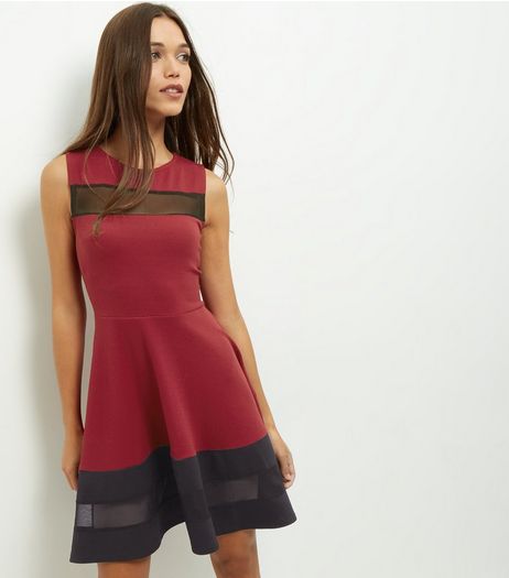Cameo Rose Burgundy Mesh Panel Skater Dress | New Look