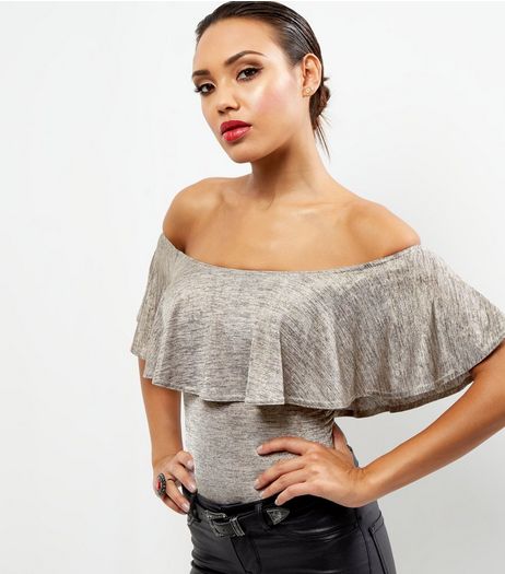 Gold Foil Frill Trim Bardot Neck Bodysuit | New Look