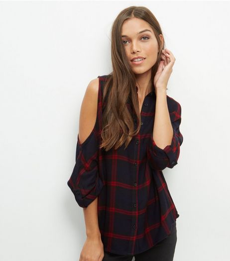 Blue Check Cold Shoulder Shirt | New Look
