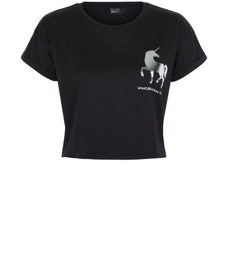 Teens Black Foil Unicorn Crop Top | New Look