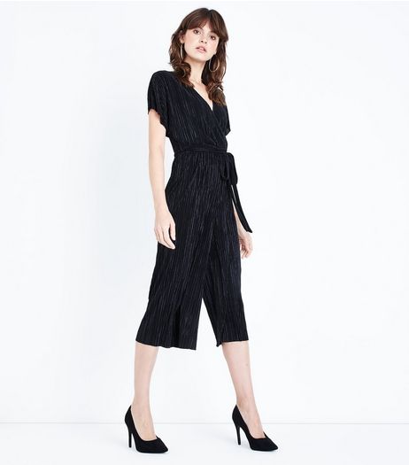 Black Pleated Wrap Front Culotte Jumpsuit | New Look