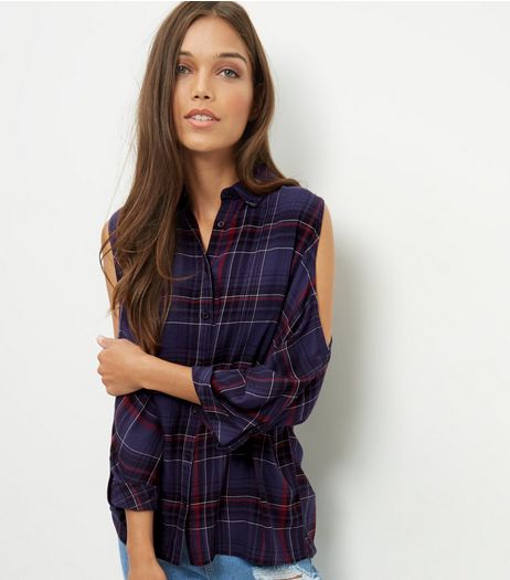 Blue Check Cold Shoulder Shirt | New Look