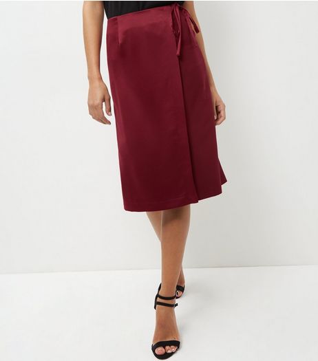 Burgundy Sateen Wrap Pencil Skirt | New Look