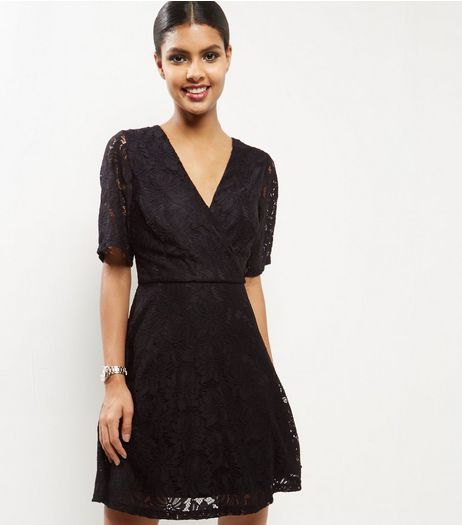 Black Lace Kimono Wrap Front Dress | New Look