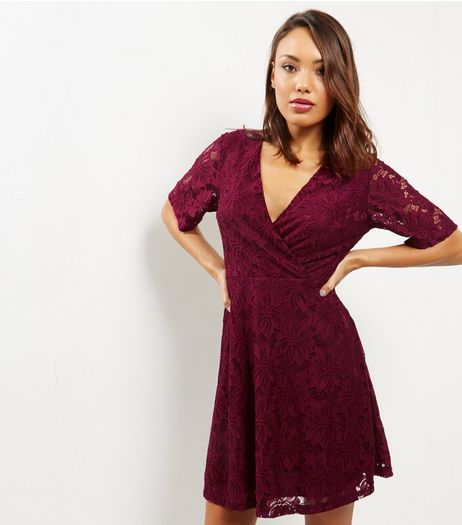 Burgundy Lace Kimono Wrap Front Dress | New Look