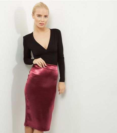 Burgundy Textured Sateen Midi Skirt | New Look