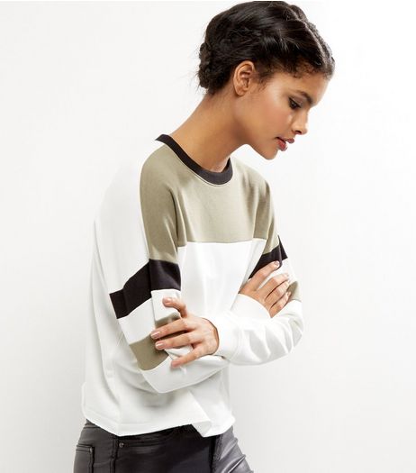 White Colour Block Stripe Sleeve Sweater | New Look