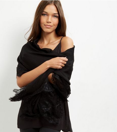Black Lace Trim Longline Scarf | New Look