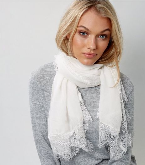 Cream Lace Trim Longline Scarf | New Look