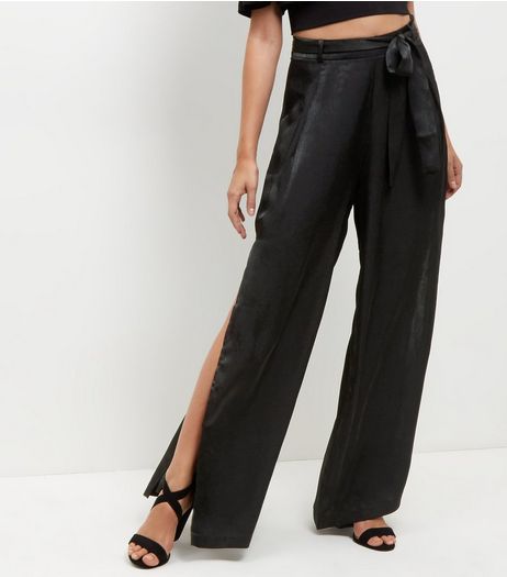 Cameo Rose Black Belted Split Side Trousers | New Look