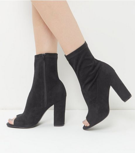 Wide Fit Black Peep Toe High Ankle Boots | New Look