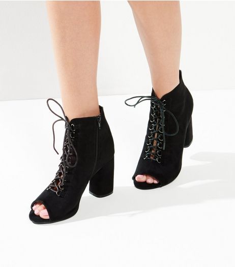 Wide Fit Black Suedette Lace Up Peep Toe Ankle Boots | New Look