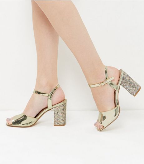 Wide Fit Gold Glitter Block Heels | New Look