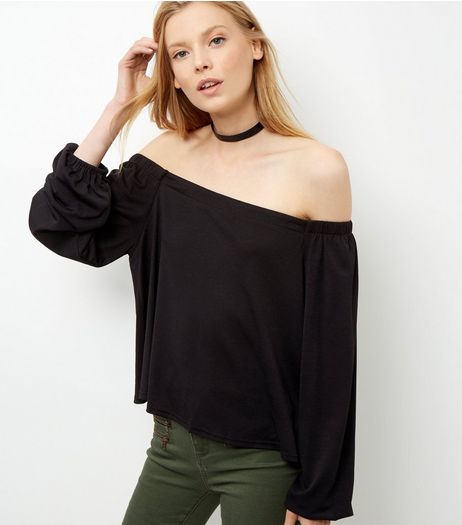 Black Bardot Neck Long Sleeve Top | New Look