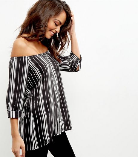 Black Stripe Button Front Bardot Top | New Look
