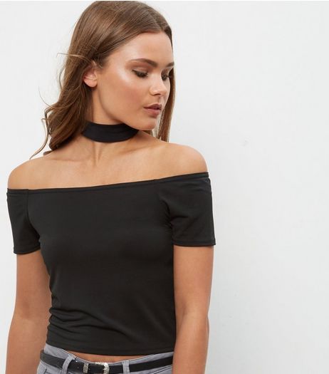 Black Choker Bardot Neck Top | New Look