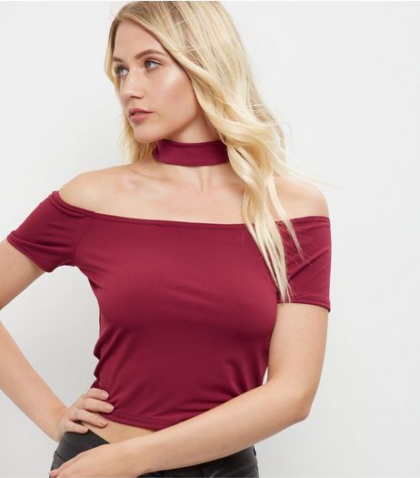 Burgundy Choker Bardot Neck Top | New Look