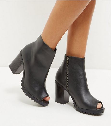 Black Peep Toe Side Zip Block Heels | New Look
