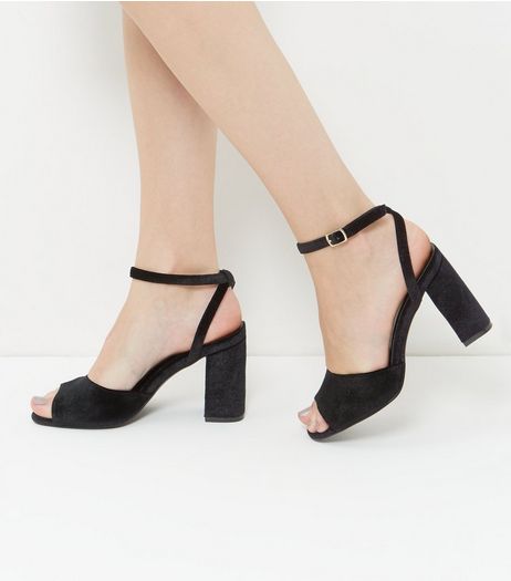 Black Vevlet Ankle Strap Flared Heels | New Look