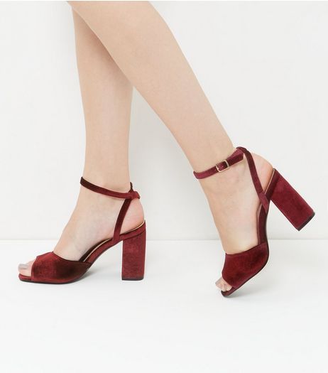 Red Velvet Ankle Strap Block Heel Sandals | New Look