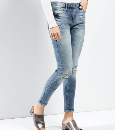 Blue Ripped Knee Skinny Jeans | New Look