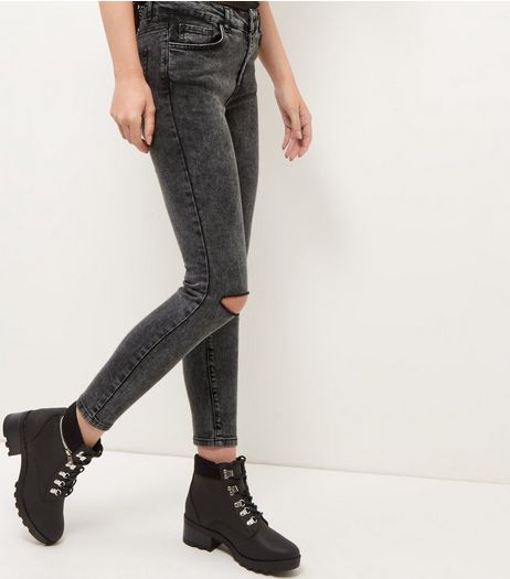 Black Acid Washed Ripped knee Skinny Jeans | New Look