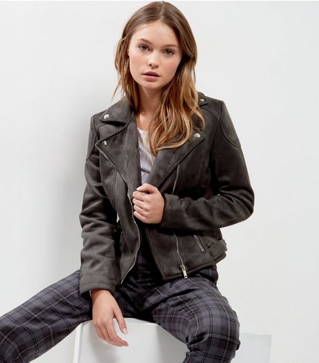 Dark Grey Suedette Biker Jacket | New Look