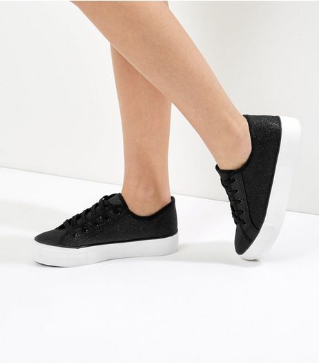 Black Glitter Contrast Platform Sole Trainers | New Look