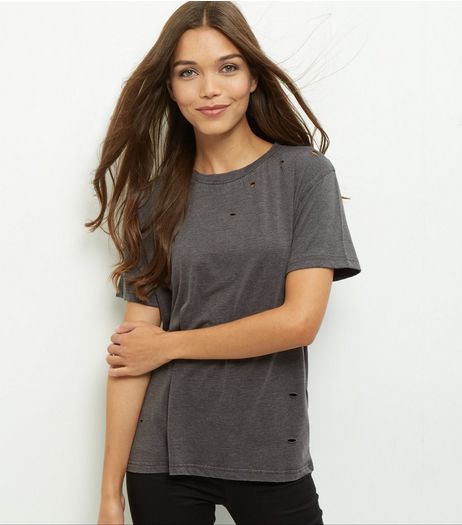 Dark Grey Ripped T-Shirt | New Look
