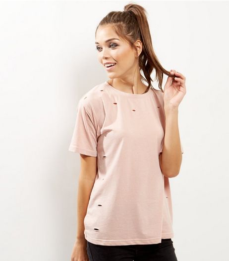 Mid Pink Ripped Short Sleeve T-Shirt | New Look