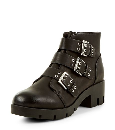 Teens Black Biker Cleated Sole Ankle Boots | New Look
