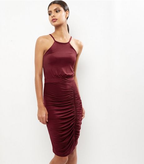 Burgundy Ruched Side Midi Dress | New Look
