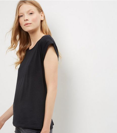 Black Roll Sleeve T-Shirt | New Look